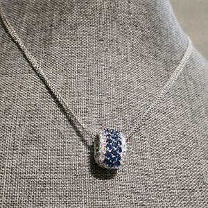 Circular Sapphire and White Topaz Pendant 18" Sterling Silver Necklace